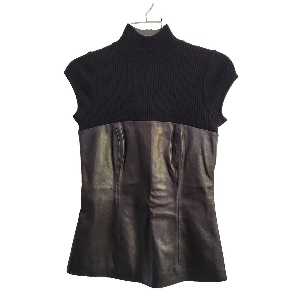 Vintage 90s Lambs Leather Top Black Small Runway Wool Knit Bodice Made in France
